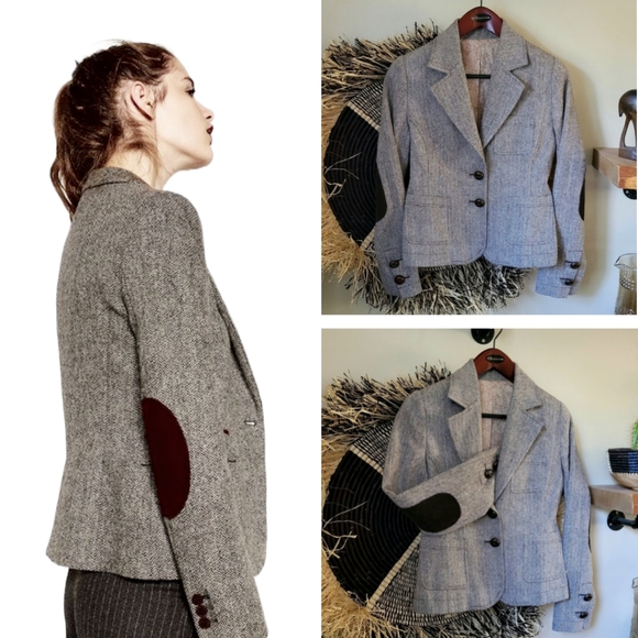 Jackets & Blazers - Tweed Herringbone Blazer Jacket with Corduroy Elbow Patches Two Button V…